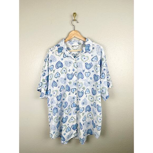 Vintage 80s 90s Heart Floral Novelty Print Button Front Plus Lightweight Top - Picture 2 of 14